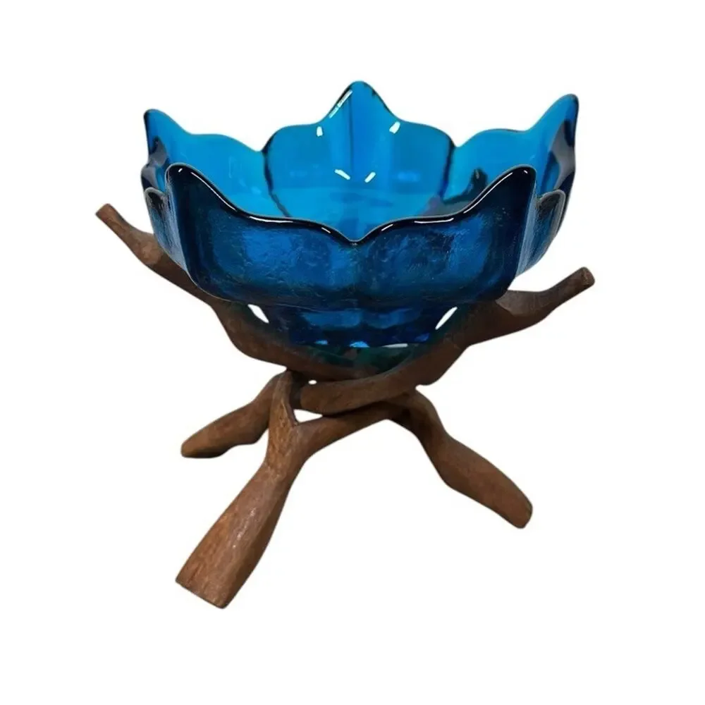 Vintage Blue Glass Lotus Bowl with Carved Wooden Intertwined Tripod Stand India - Picture 2 of 11